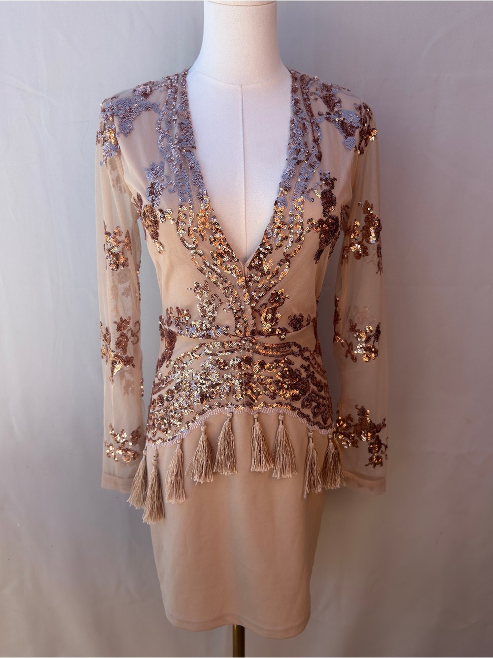 Nasty Gal Sheer Sequin Tassel Mini Dress Deep V Long Sleeve Sz 4 - Picture 2 of 12